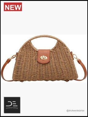 Handwoven Straw Crossbody Tote Bag - Rattan Top Handle Shoulder Clutch Purse